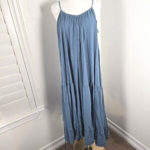 Lela Silk Organic Cotton Maxi Trapeze Dress One Size Blue Lagenlook Boho Tiered